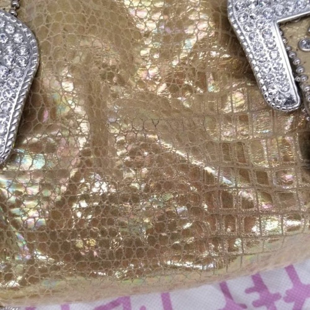 CHARM & LUCK LEATHER GOLD CRYSTAL JEWELED HANDBAG - Picture 5 of 11